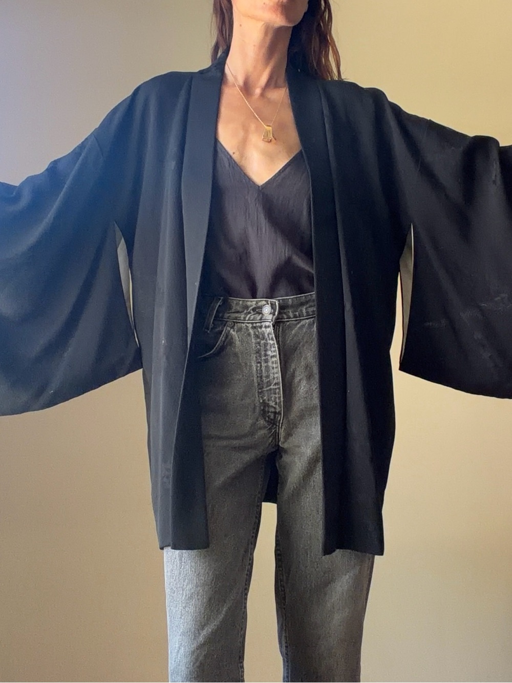 Black Satin authentic japanesse Robe-Style Kimono Jacket